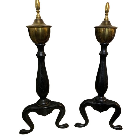 Vintage Federal Style Brass & Black Wrought Iron Andirons Log Holders Pair MCM - Picture 1 of 11